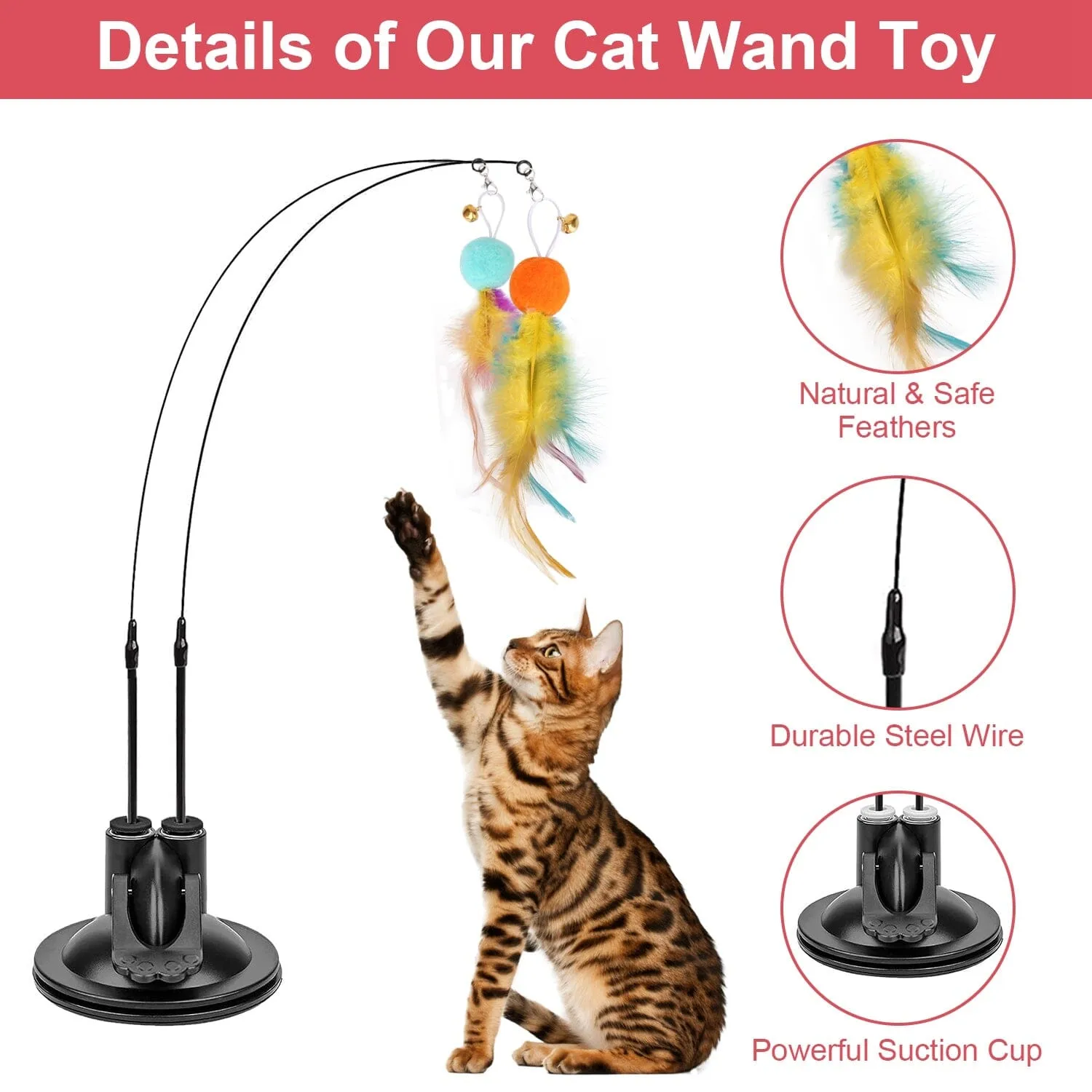 2 Cat Wand Toys with Suction Cup Double Head Interactive Cat Feather Toy