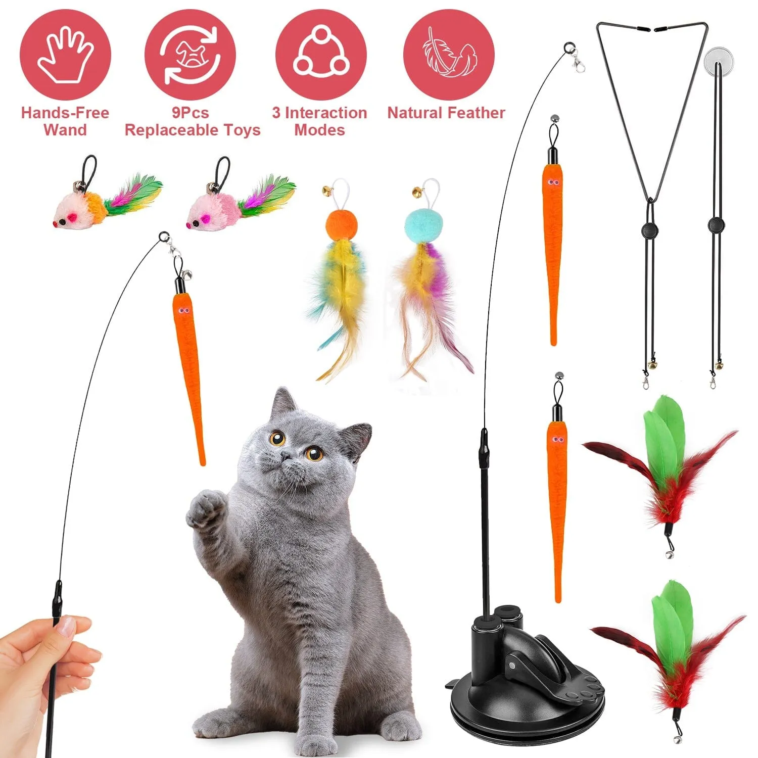 2 Cat Wand Toys with Suction Cup Double Head Interactive Cat Feather Toy