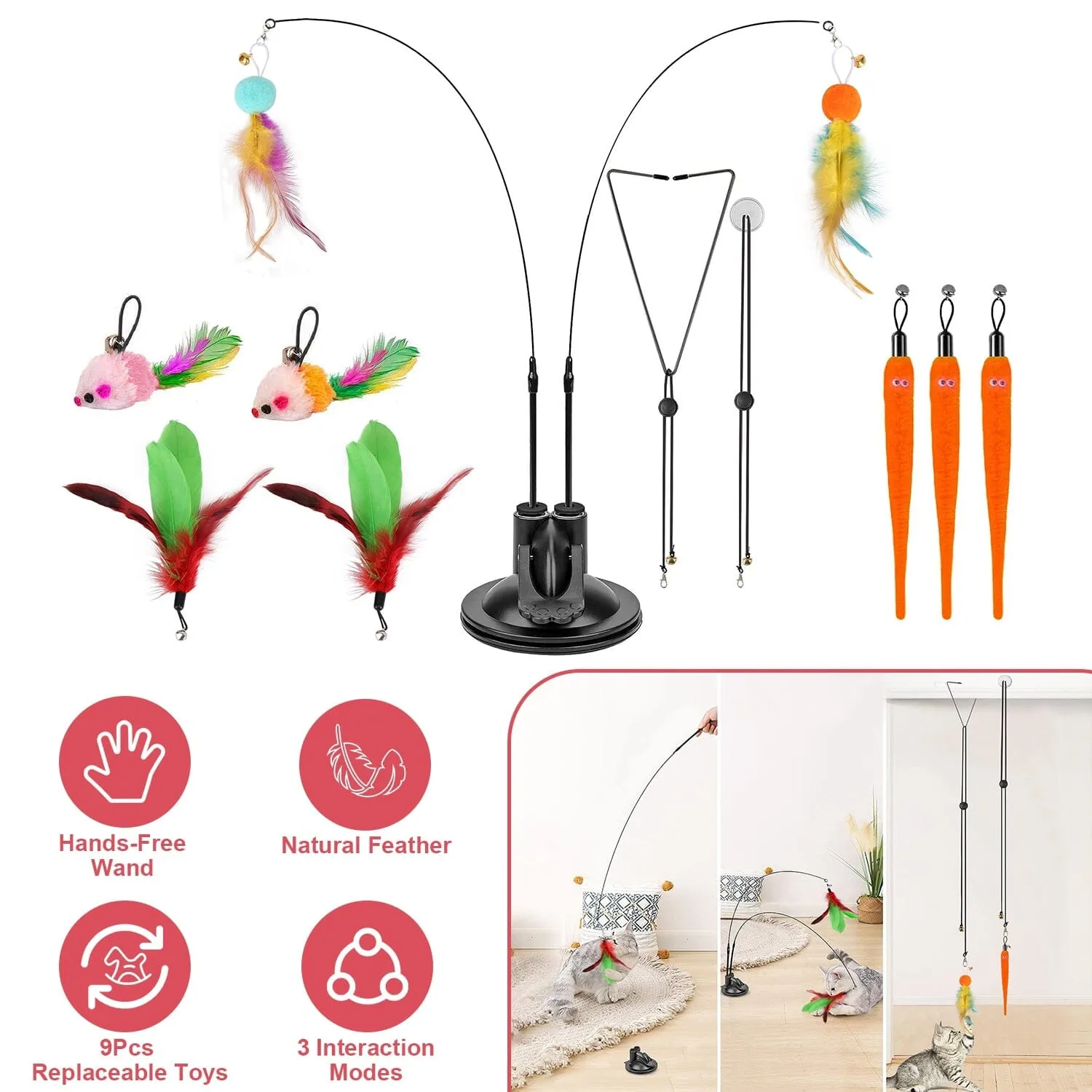 2 Cat Wand Toys with Suction Cup Double Head Interactive Cat Feather Toy