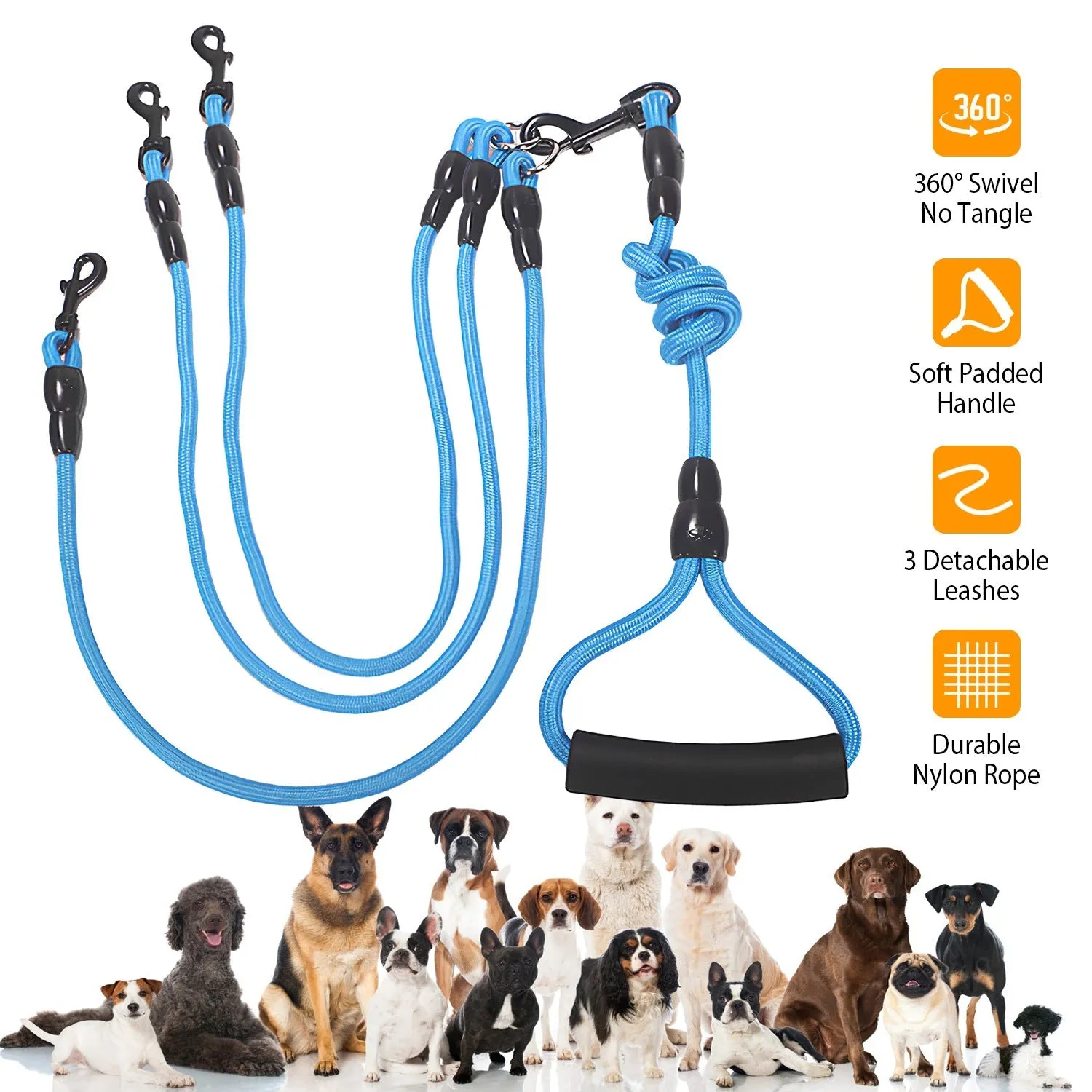 3 Dog Leash Traction Rope Walking Training Lead with Padded Handle
