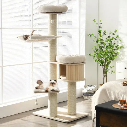 4-Layer 68.5-Inch Wooden Cat Tree Condo Activity Tower with Sisal Posts-Natural