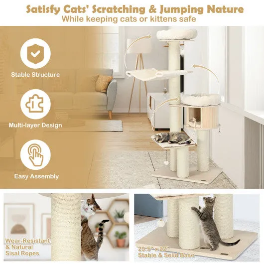 4-Layer 68.5-Inch Wooden Cat Tree Condo Activity Tower with Sisal Posts-Natural