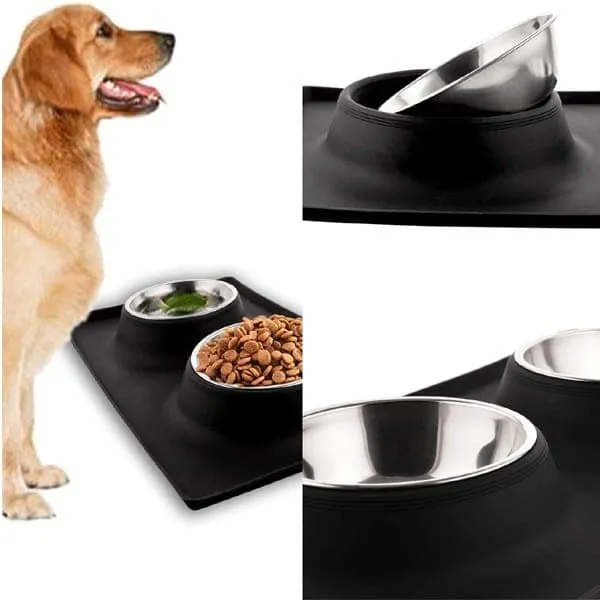 Goofy Tails Rectangle Silicone Double Dinner with Stainless Steel Food Bowl For Dogs (Red)