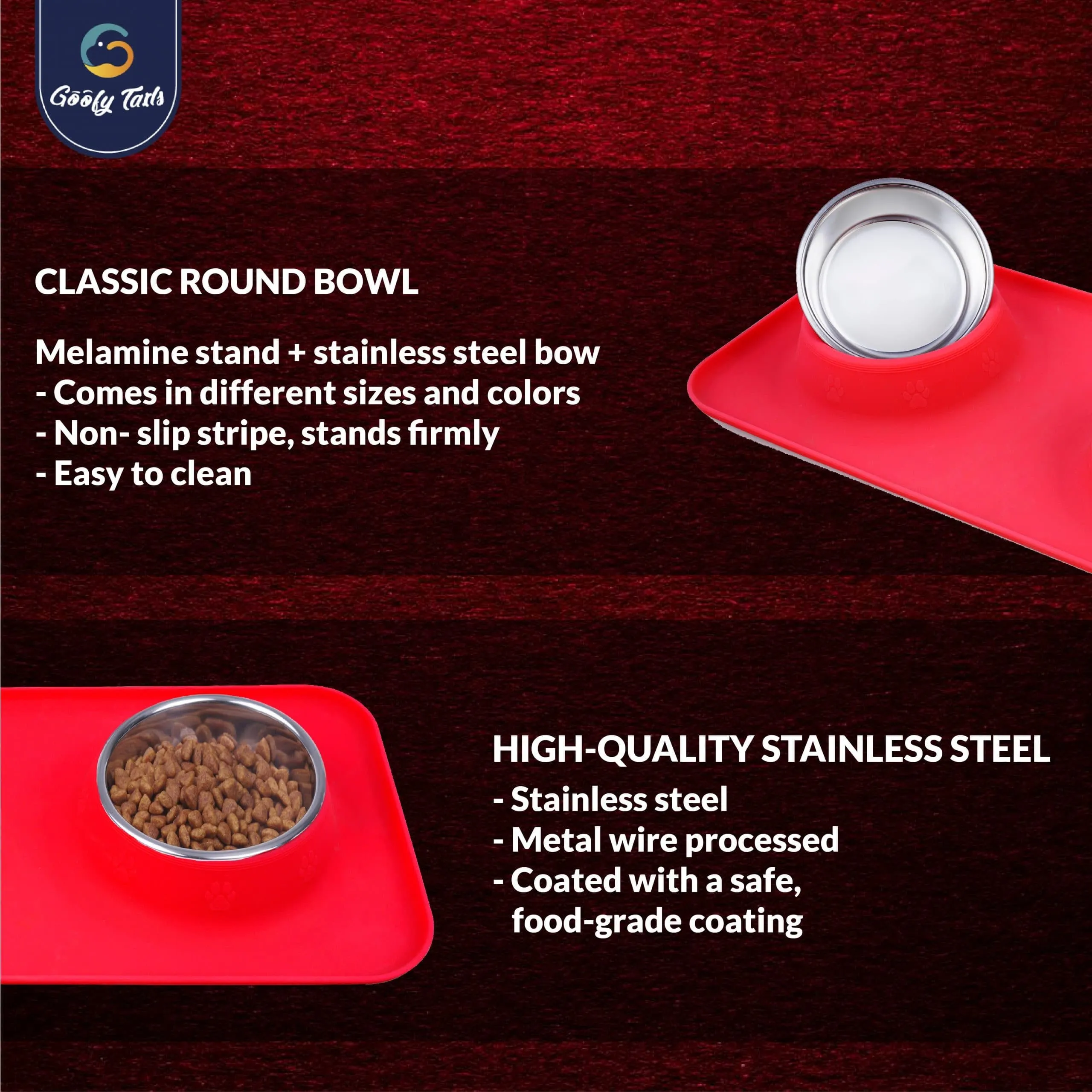 Goofy Tails Rectangle Silicone Double Dinner with Stainless Steel Food Bowl For Dogs (Red)