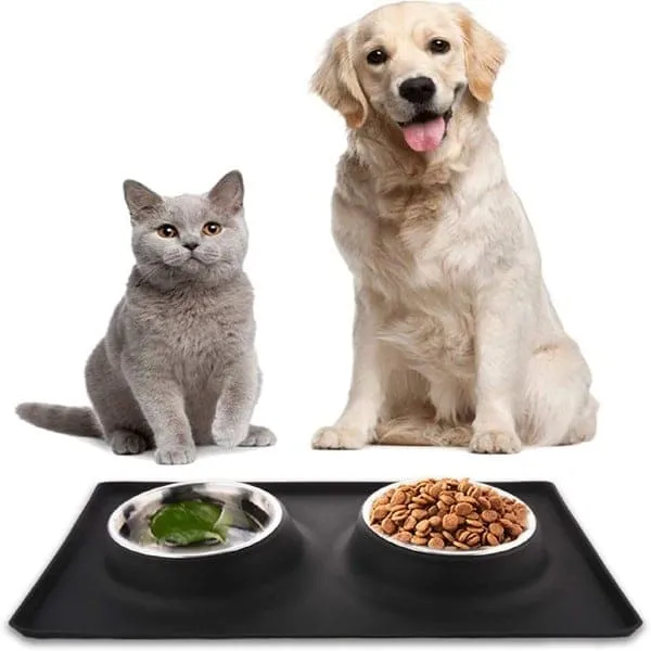 Goofy Tails Rectangle Silicone Double Dinner with Stainless Steel Food Bowl For Dogs (Red)