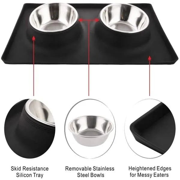 Goofy Tails Rectangle Silicone Double Dinner with Stainless Steel Food Bowl For Dogs (Red)