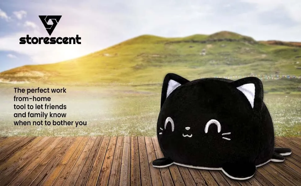 Storescent Reversible Cat Soft Toys for Kids, Cat Stuffed Animal Plush Soft Toys for Boys and Girls | Cat Plushie Toy (Happy Black/Angry Grey)