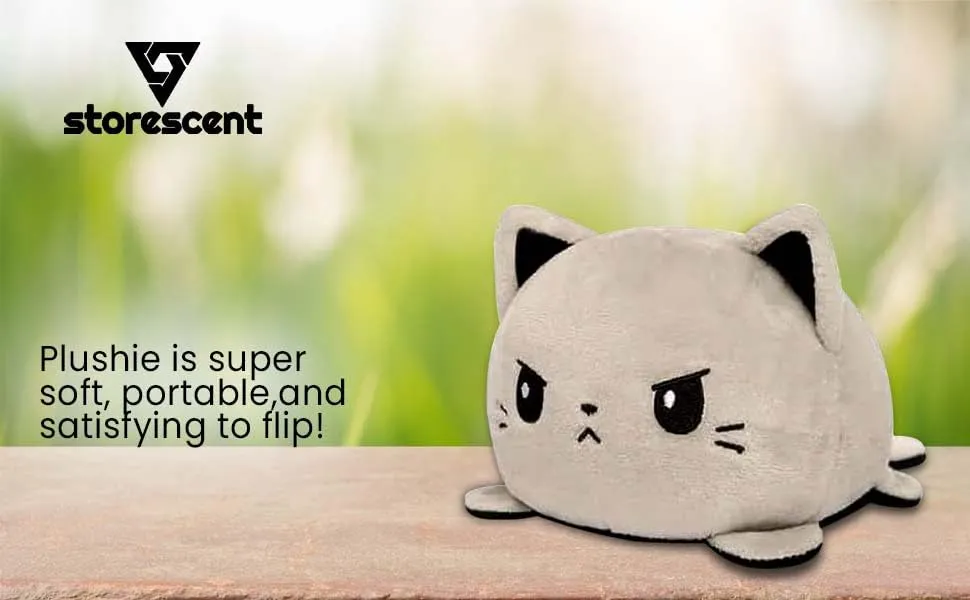 Storescent Reversible Cat Soft Toys for Kids, Cat Stuffed Animal Plush Soft Toys for Boys and Girls | Cat Plushie Toy (Happy Black/Angry Grey)