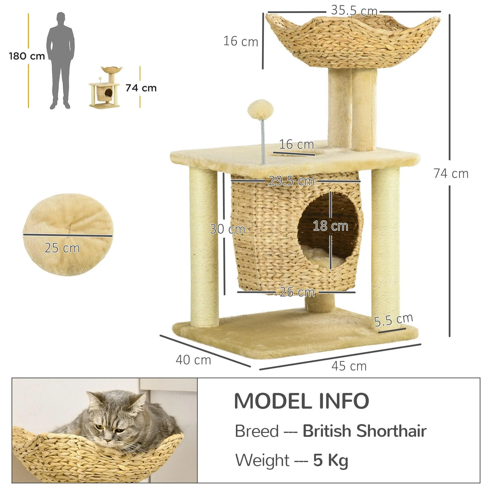 Weaved Cat Tree w/ Scratching Posts, Bed, Toy Ball, 74cm - Beige