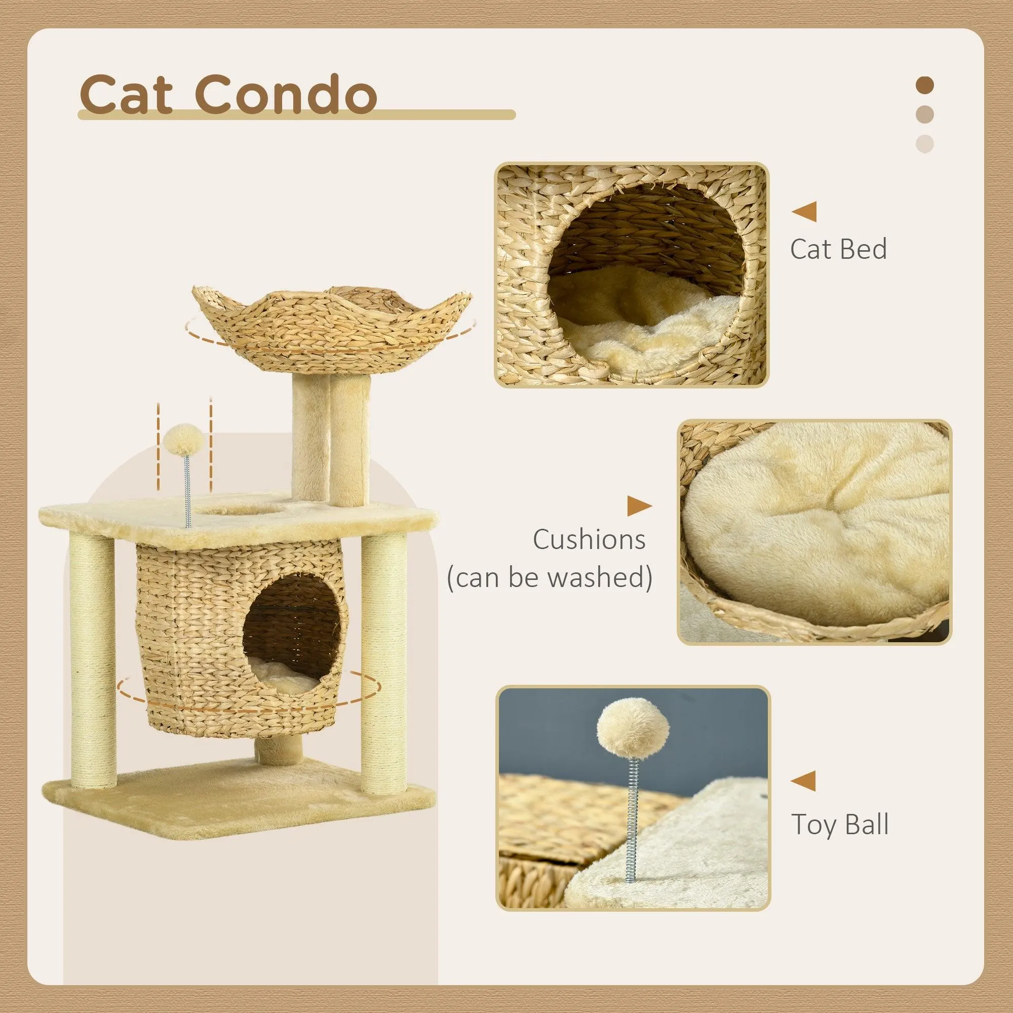 Weaved Cat Tree w/ Scratching Posts, Bed, Toy Ball, 74cm - Beige