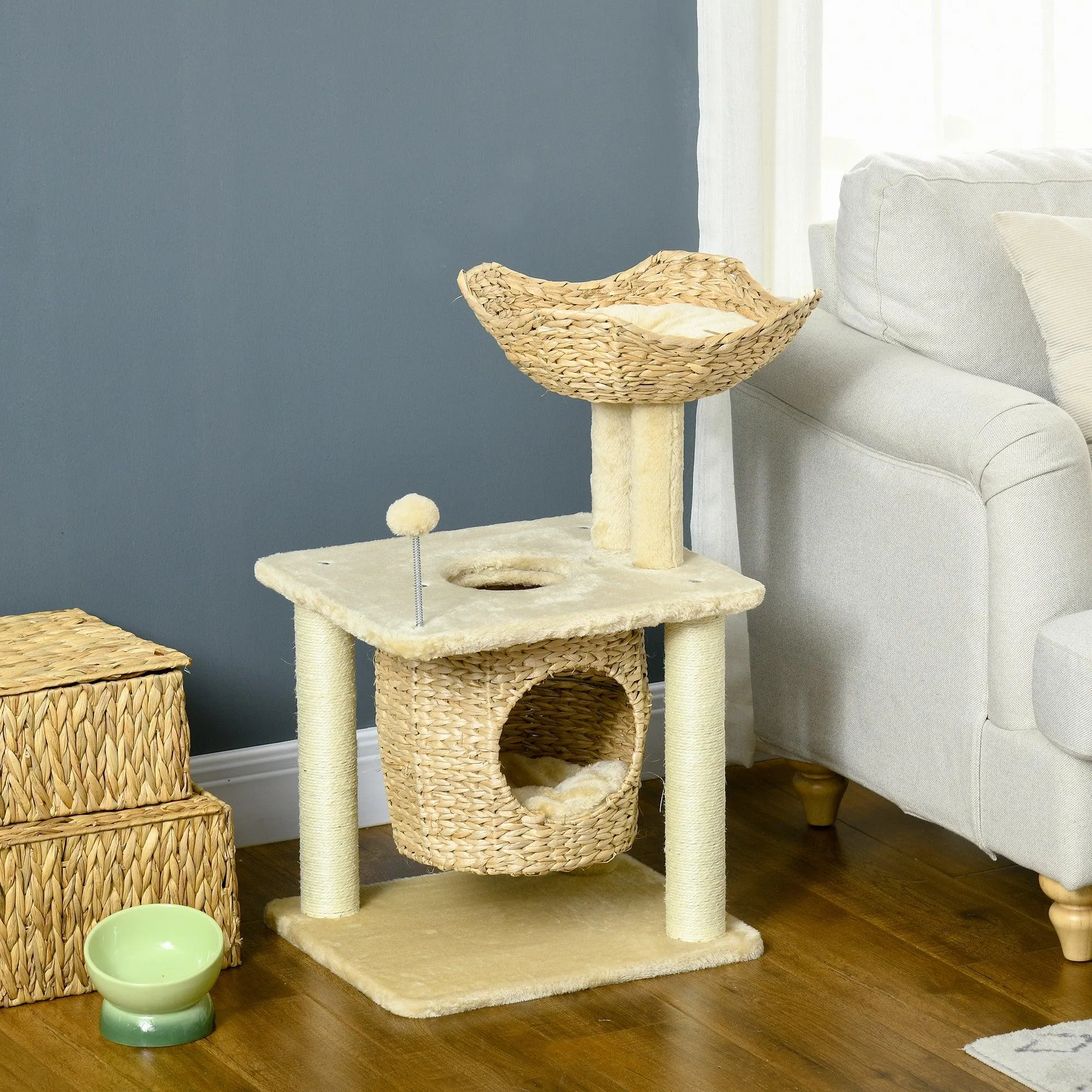 Weaved Cat Tree w/ Scratching Posts, Bed, Toy Ball, 74cm - Beige