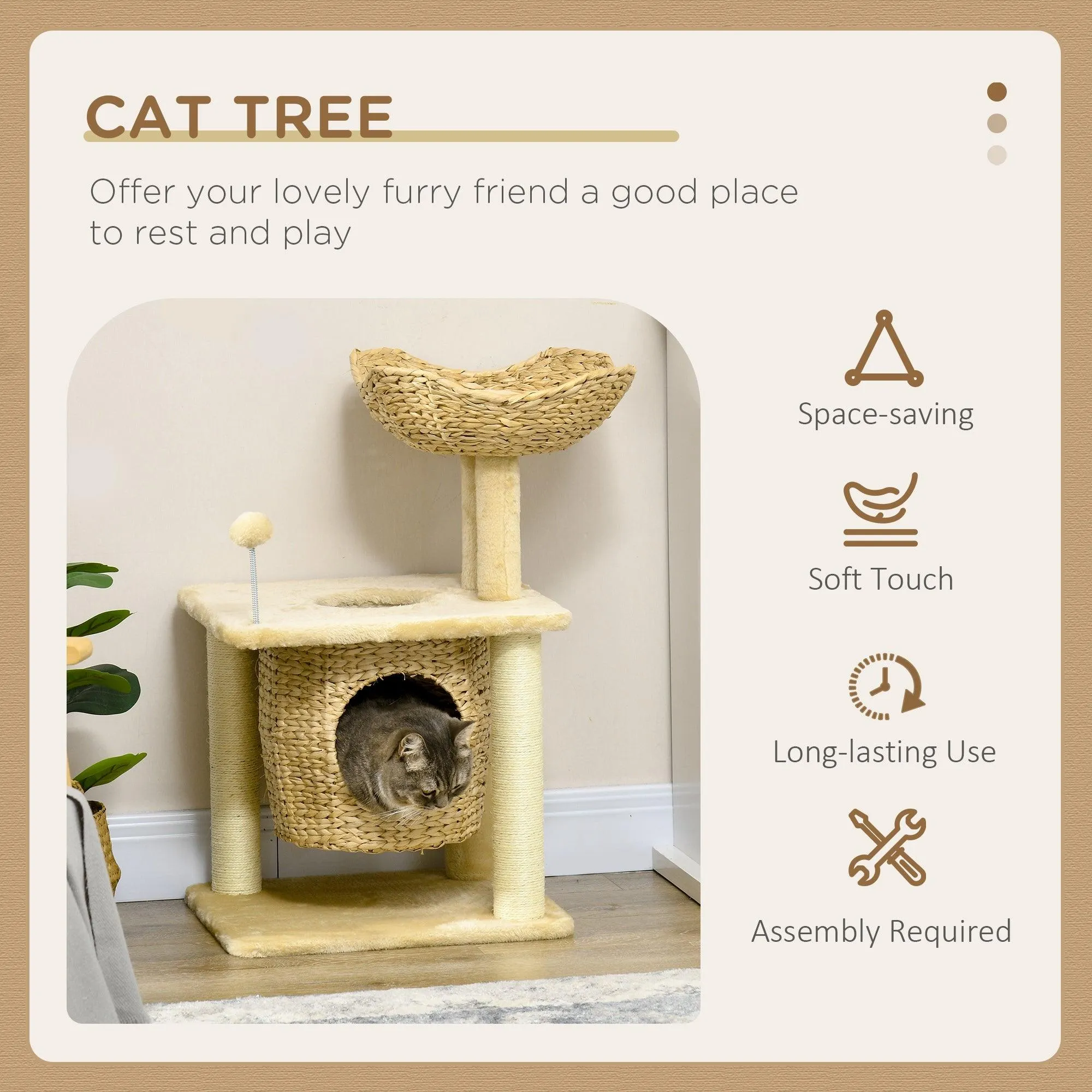 Weaved Cat Tree w/ Scratching Posts, Bed, Toy Ball, 74cm - Beige
