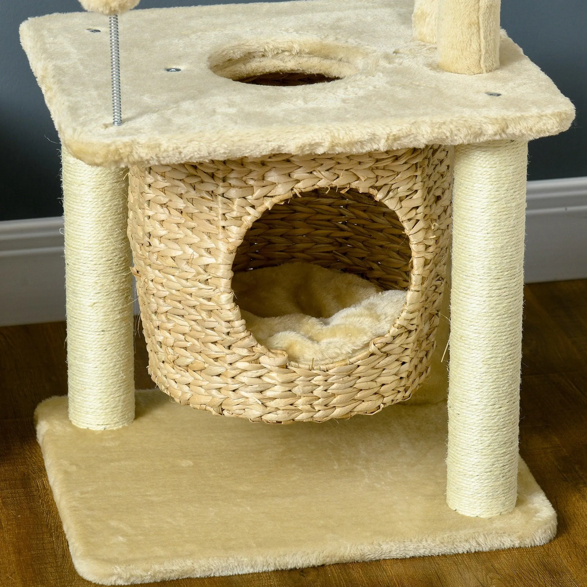 Weaved Cat Tree w/ Scratching Posts, Bed, Toy Ball, 74cm - Beige