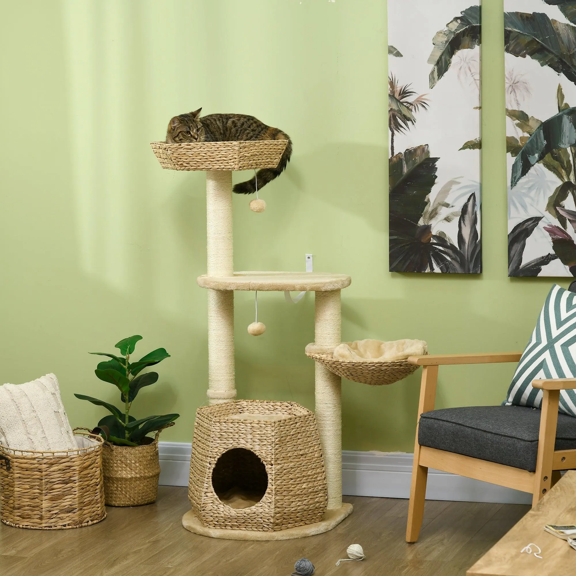 Weaved Cat Tree w/ Sisal Posts & House, 119cm - Natural