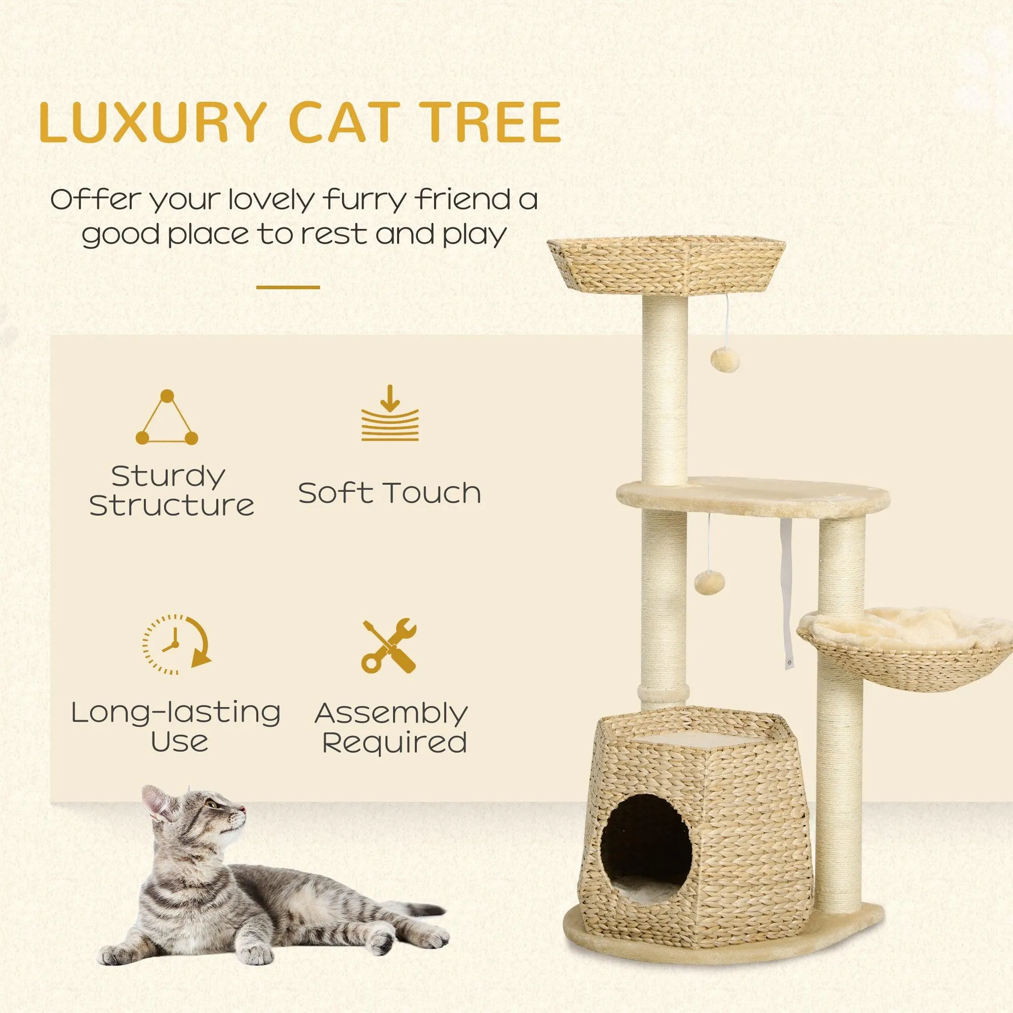 Weaved Cat Tree w/ Sisal Posts & House, 119cm - Natural