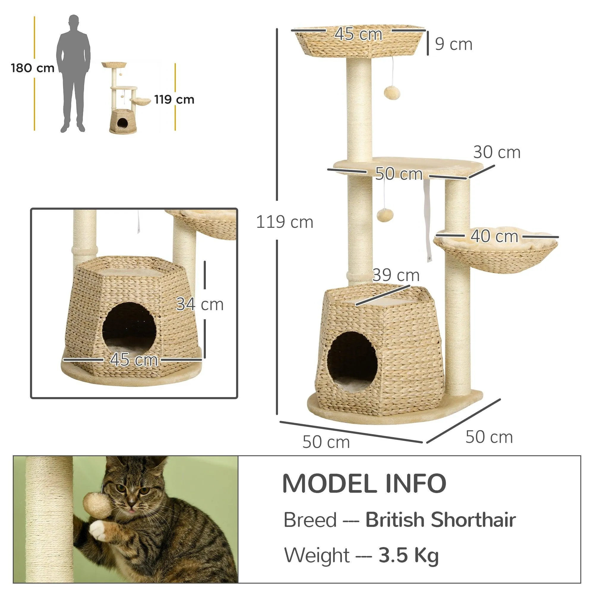 Weaved Cat Tree w/ Sisal Posts & House, 119cm - Natural