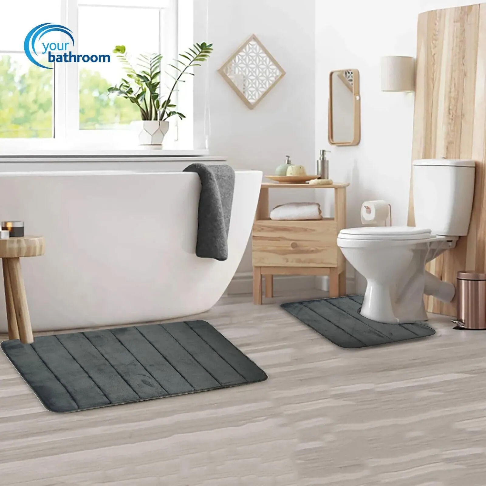 Your bathroom Bath Mat (2 Piece) Machine Washable Ultra Soft Memory Foam Non-Slip Bath Mat For Bathrooms Quick Dry Polyester Fiber Toilet Shower Pedestal Foot Mat Super Water Absorbent Mould Free